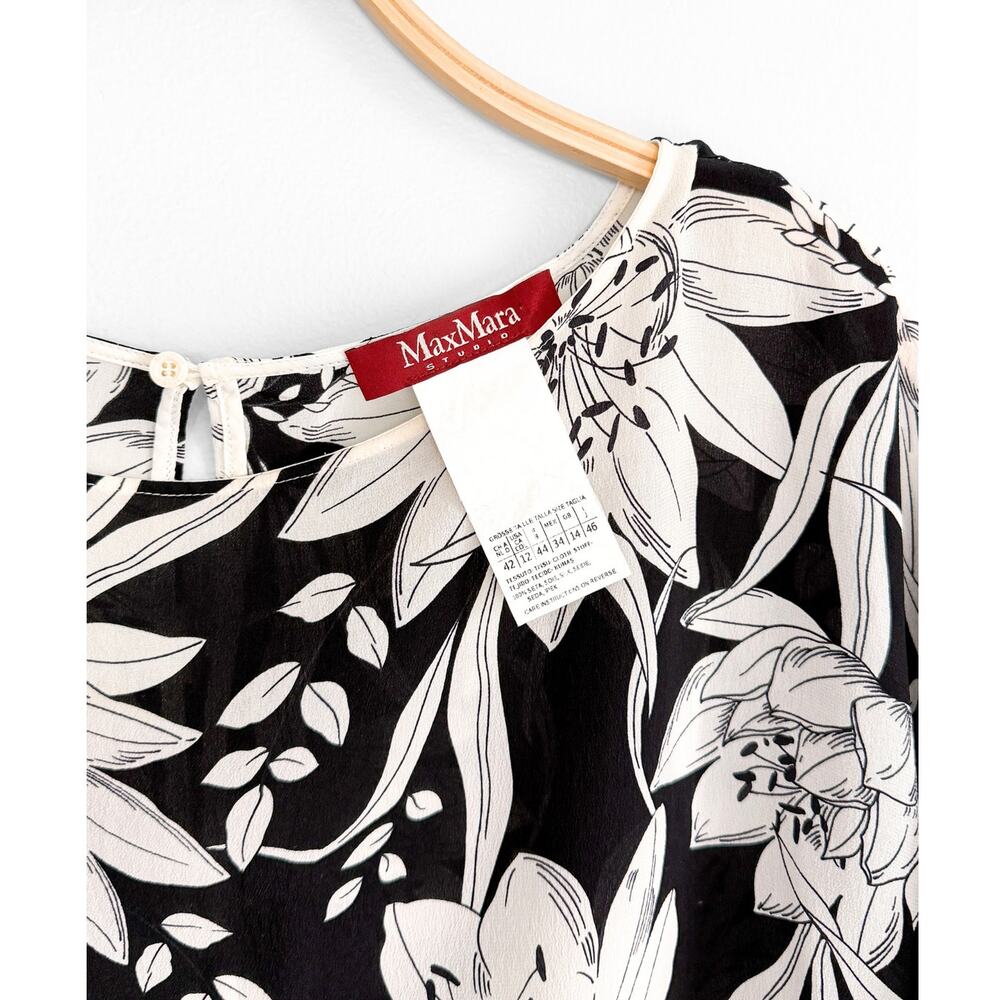 Max Mara Studio Black White Silk Large Floral Shift Dress - Picture 2 of 11